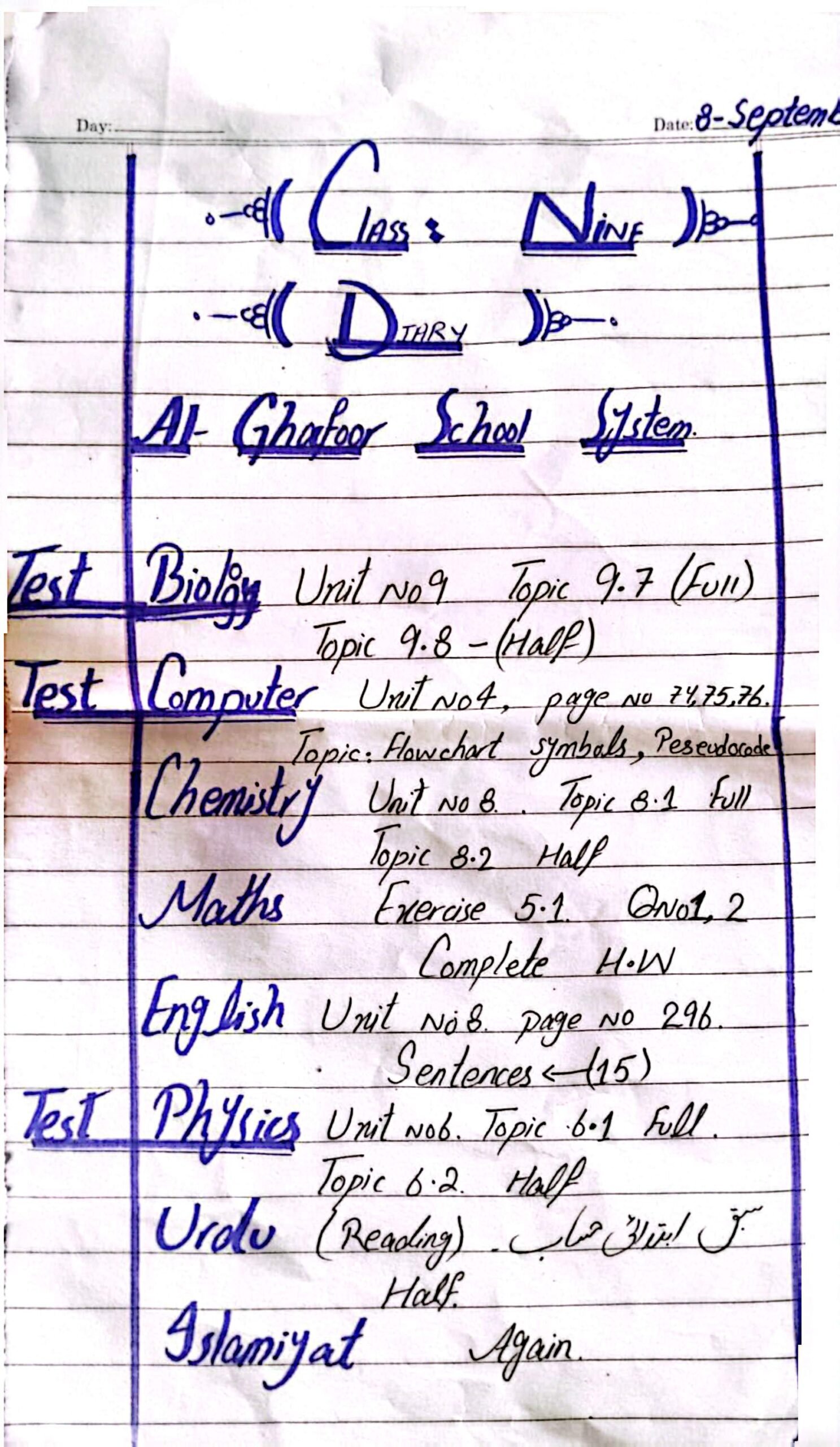 9th Class Diary
